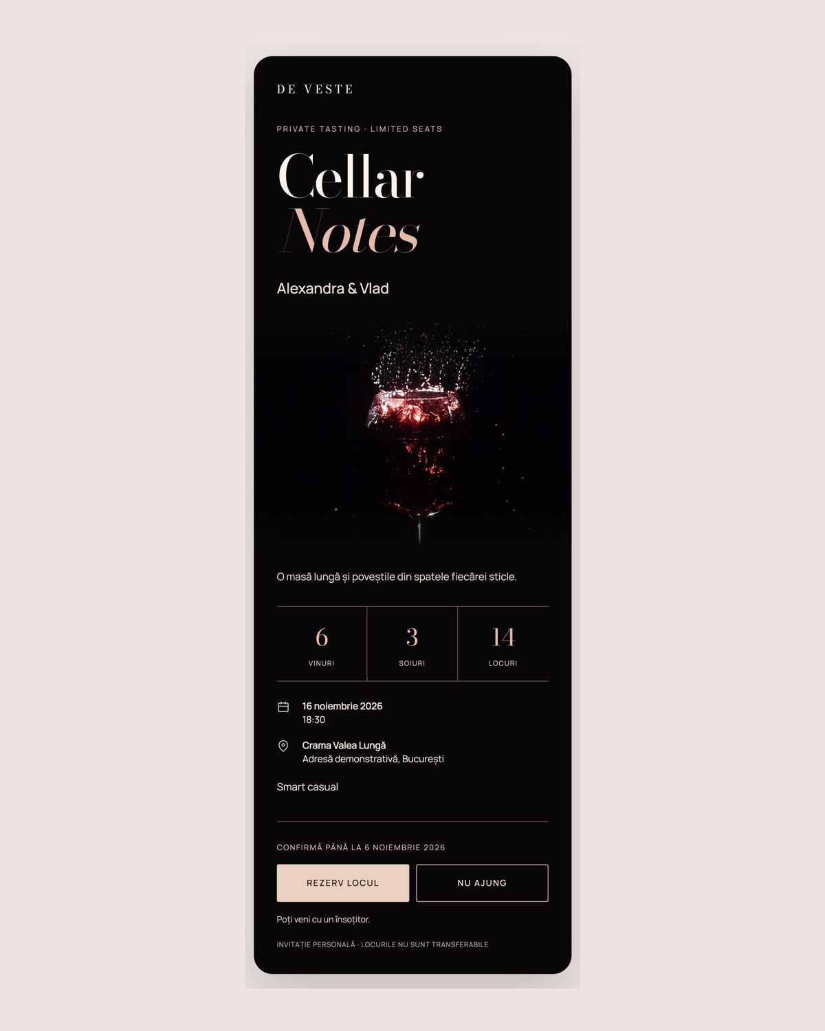 Cellar Notes — invitație wine tasting cu fundal negru și pahar de vin roșu