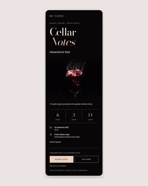 Cellar Notes — invitație wine tasting cu fundal negru și pahar de vin roșu