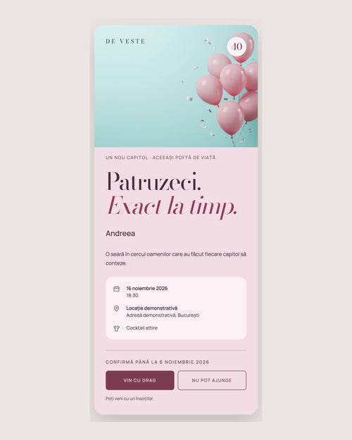 Chapter Forty — invitație cu baloane roz, mentă și blush