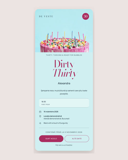 Dirty Thirty — invitație cu tort colorat, bleu și roz
