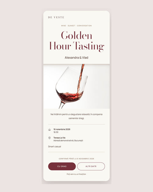 Golden Hour — invitație wine tasting ivory și burgundy, cu vin turnat în pahar