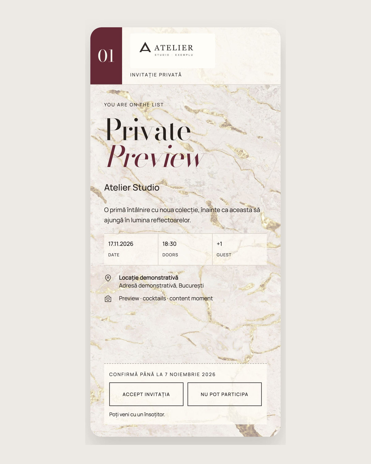 Private Preview — invitație digitală corporate — model cu logo demonstrativ, rezoluție mare