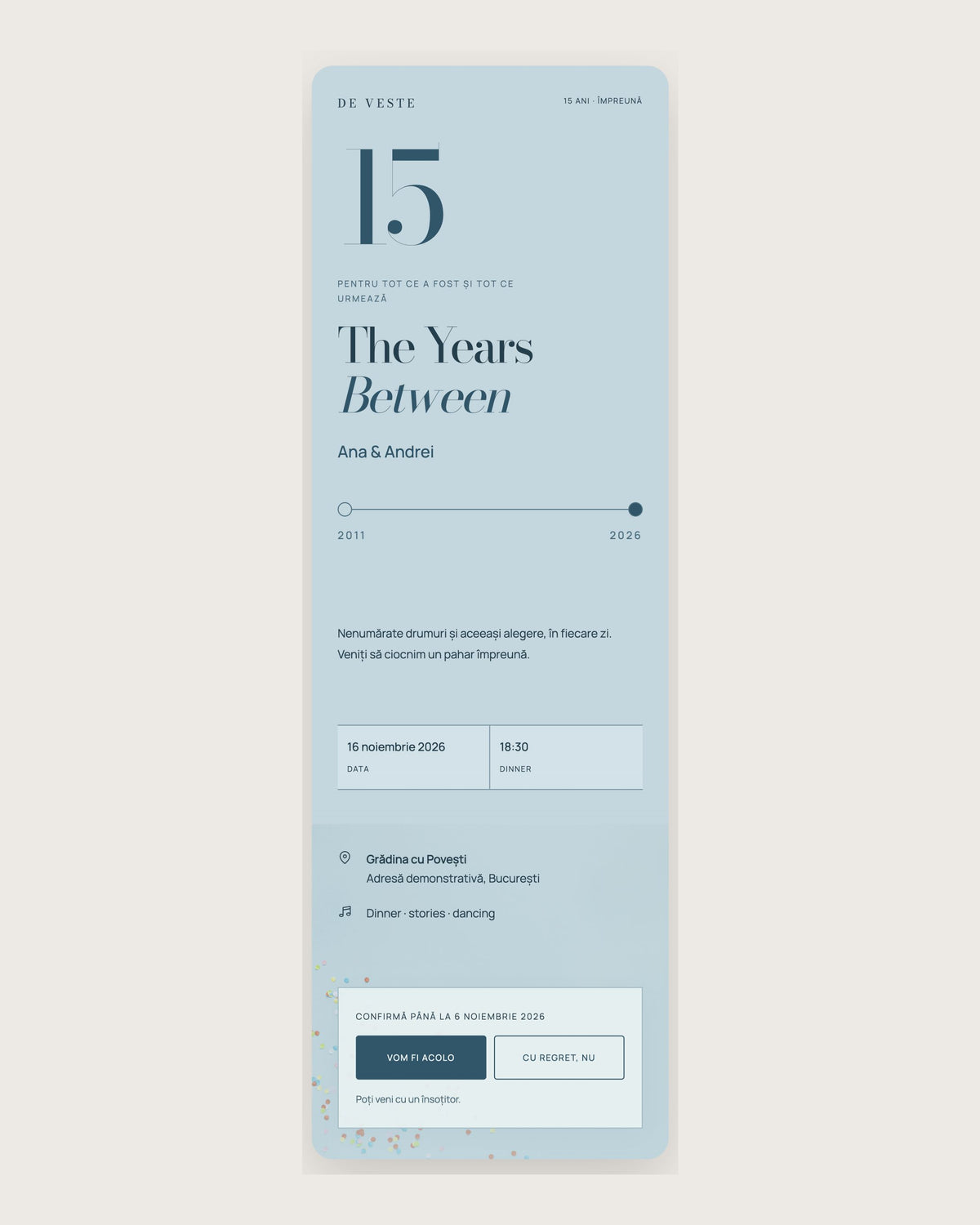 The Years Between — invitație aniversarea căsătoriei, bleu și confetti, cu linia timpului